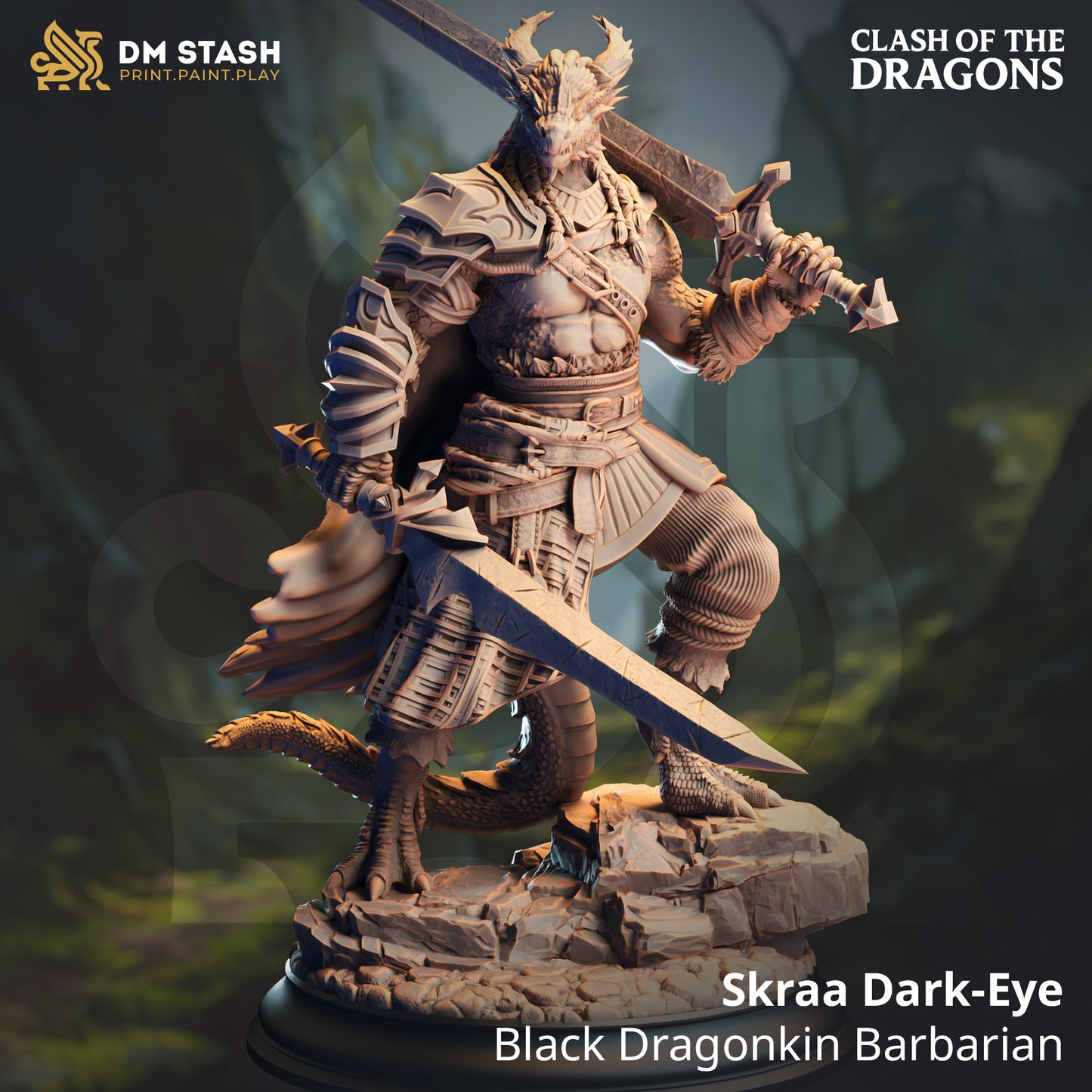 Image shows a 3D render of a dragonborn barbarian gaming miniature.