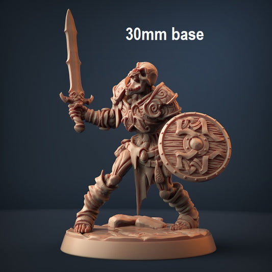 Image shows an 3D render of a draugr skeleton warrior gaming miniature holding a sword and shield