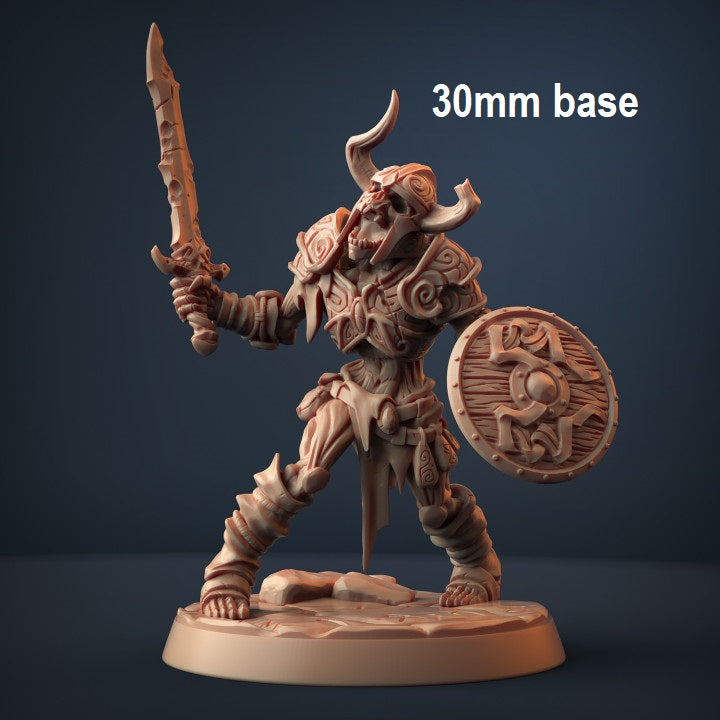 Image shows an 3D render of a draugr skeleton warrior gaming miniature holding a sword and shield wearing a helmet