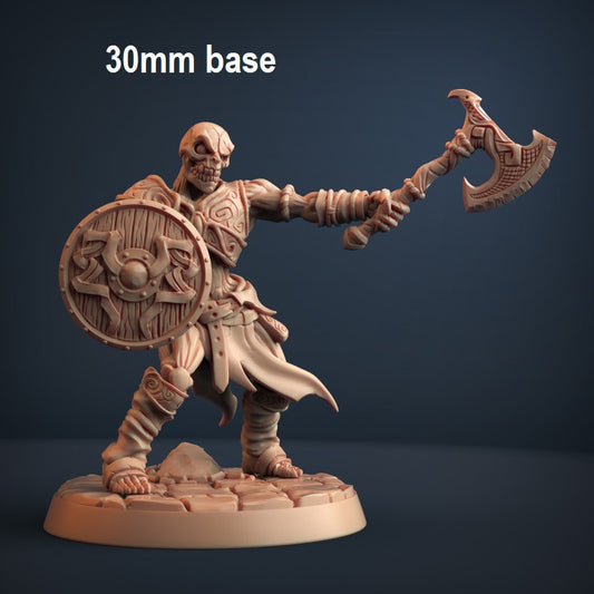 Image shows an 3D render of a draugr skeleton warrior gaming miniature holding an axe and shield
