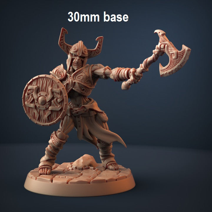 Image shows an 3D render of a draugr skeleton warrior gaming miniature holding an axe and shield wearing a helmet