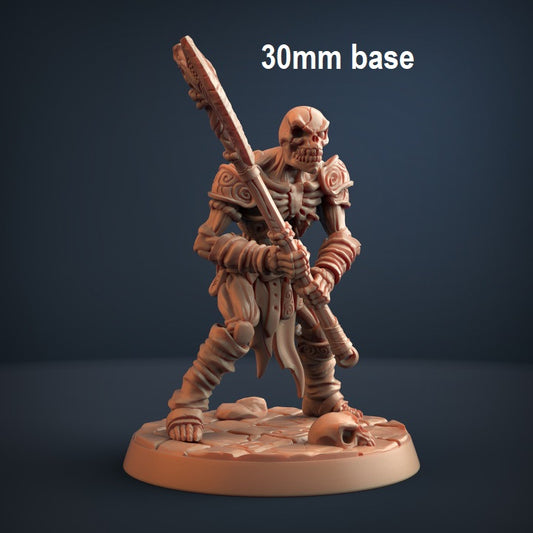 Image shows an 3D render of a draugr skeleton warrior gaming miniature holding an axe