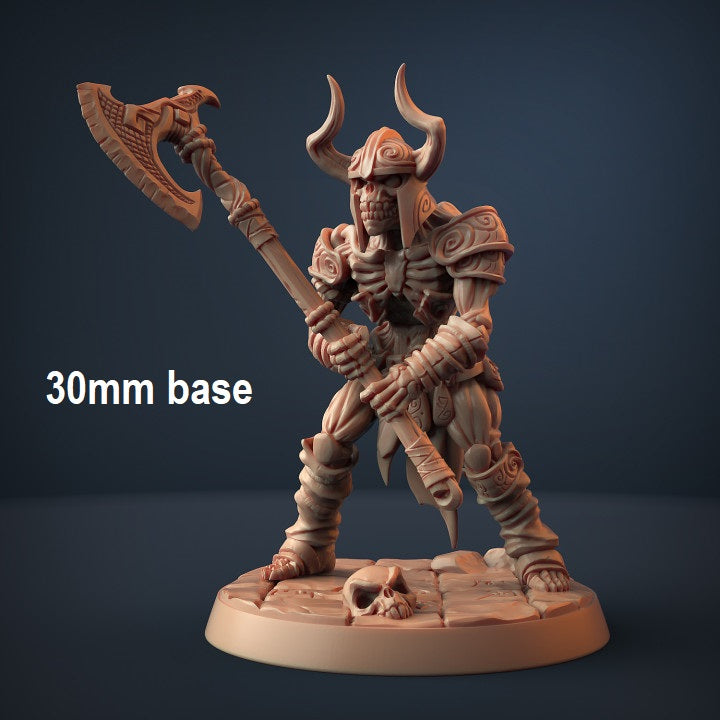 Image shows an 3D render of a draugr skeleton warrior gaming miniature holding an axe wearing a helmet