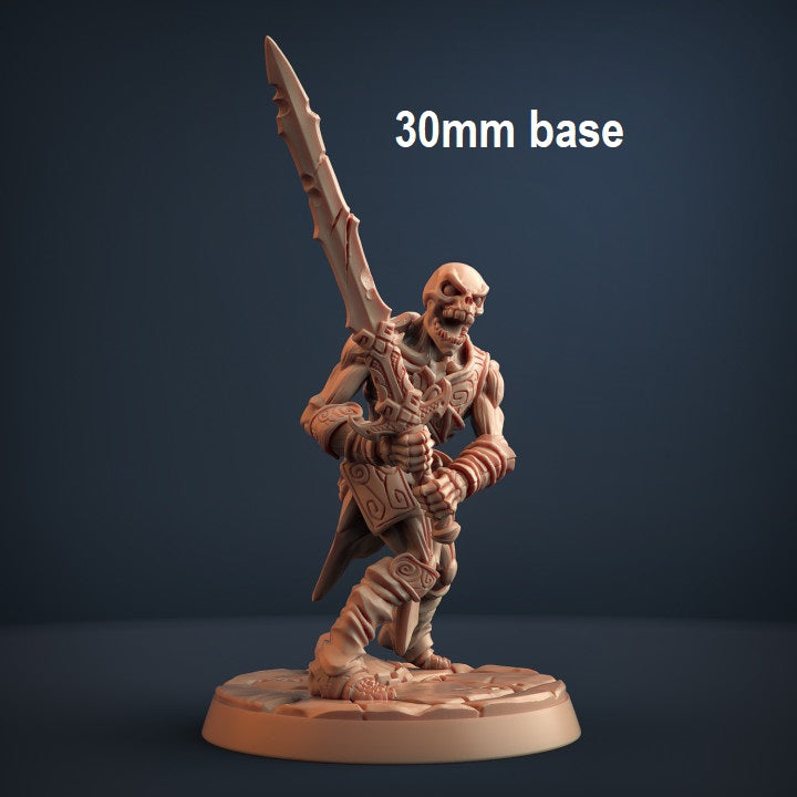 Image shows an 3D render of a draugr skeleton warrior gaming miniature holding a large sword