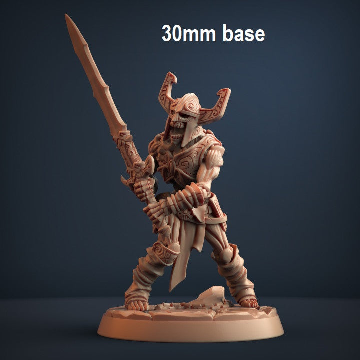 Image shows an 3D render of a draugr skeleton warrior gaming miniature holding a large sword wearing a helmet