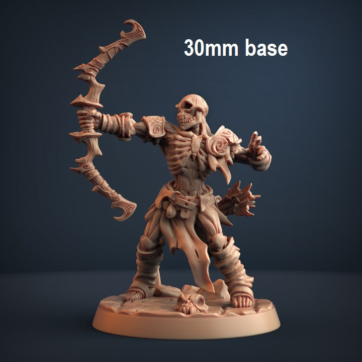 Image shows an 3D render of a draugr skeleton warrior gaming miniature holding a bow