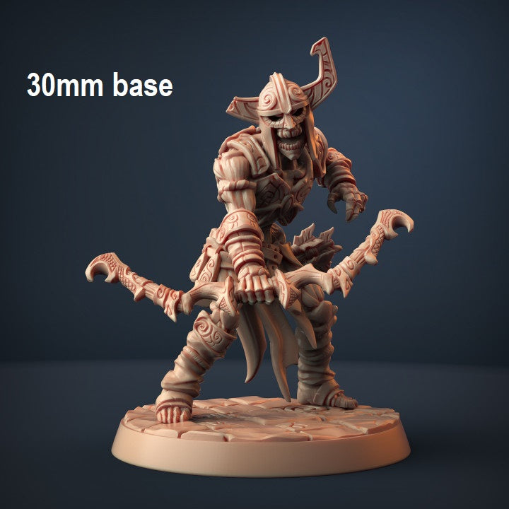Image shows an 3D render of a draugr skeleton warrior gaming miniature holding a bow wearing a helmet