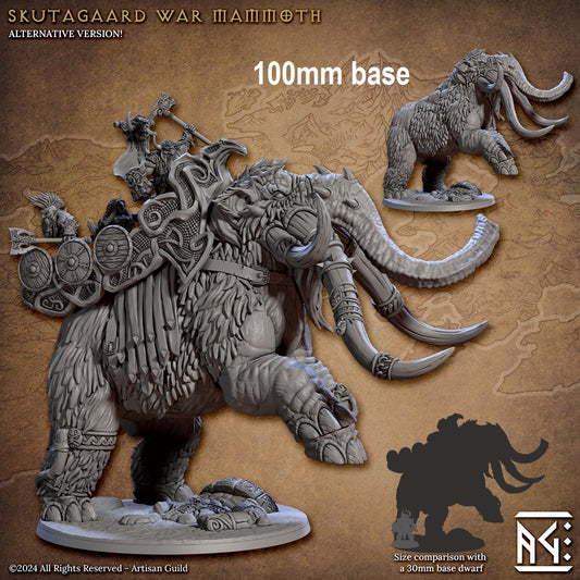 Image shows a 3D render of two options for a war mammoth gaming miniature, one with a platform saddle & tusk adornments, and one without (the wild version)