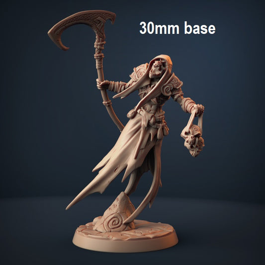 Image shows an 3D render of a wraith gaming miniature holding a scythe in one hand and tied-together skulls in the other