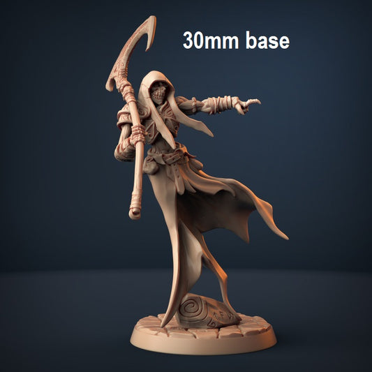 Image shows an 3D render of a wraith gaming miniature holding a scythe in one hand and pointing with the other hand
