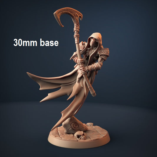 Image shows an 3D render of a wraith gaming miniature holding a scythe with both hands
