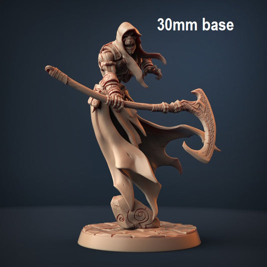 Image shows an 3D render of a wraith gaming miniature holding a scythe in one hand out in front of them