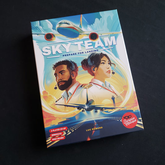 Image shows the front cover of the box of the Sky Team board game