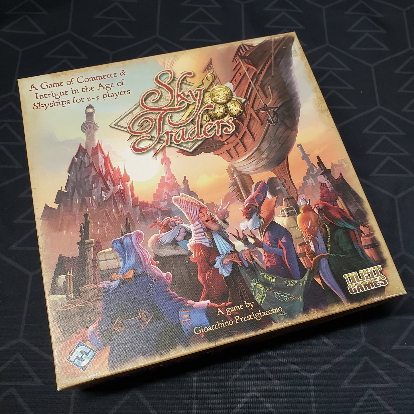 Image shows the front cover of the box of the Sky Traders board game