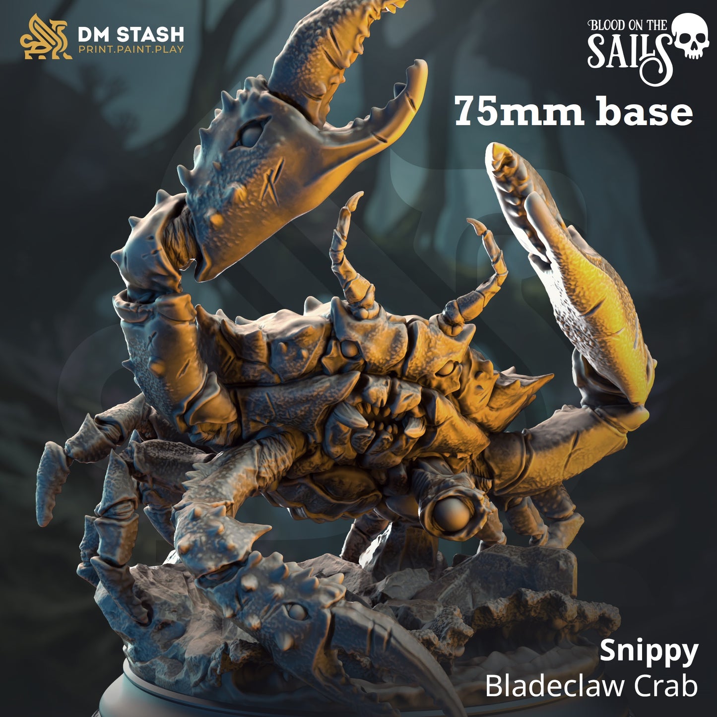 Image shows a 3D render of a three-clawed crab gaming miniature.