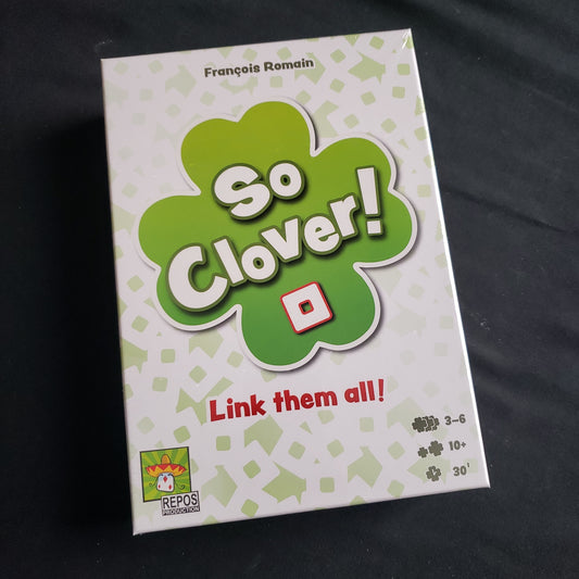 Image shows the front cover of the box of the So Clover board game