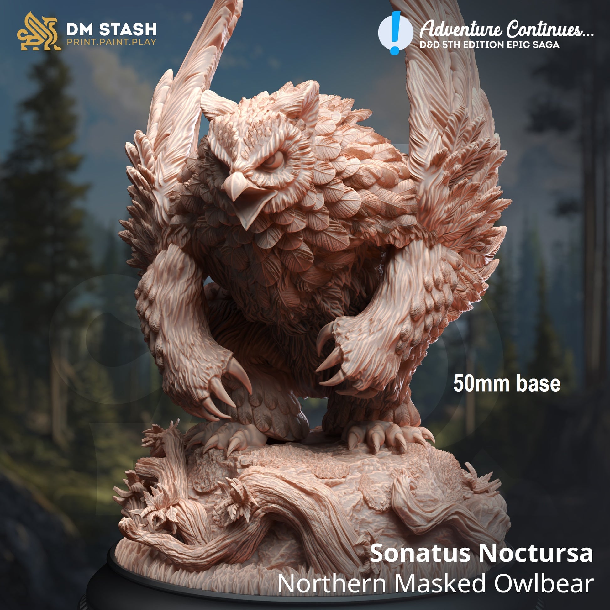 Image shows a 3D render of an owlbear gaming miniature