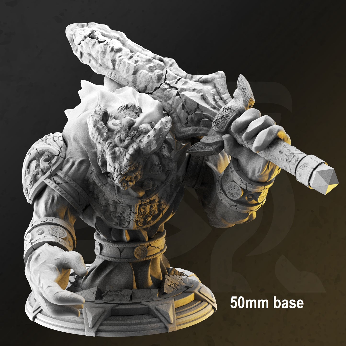 Image shows an 3D render of a rock elemental gaming miniature rising up out of the ground, holding a large stone sword