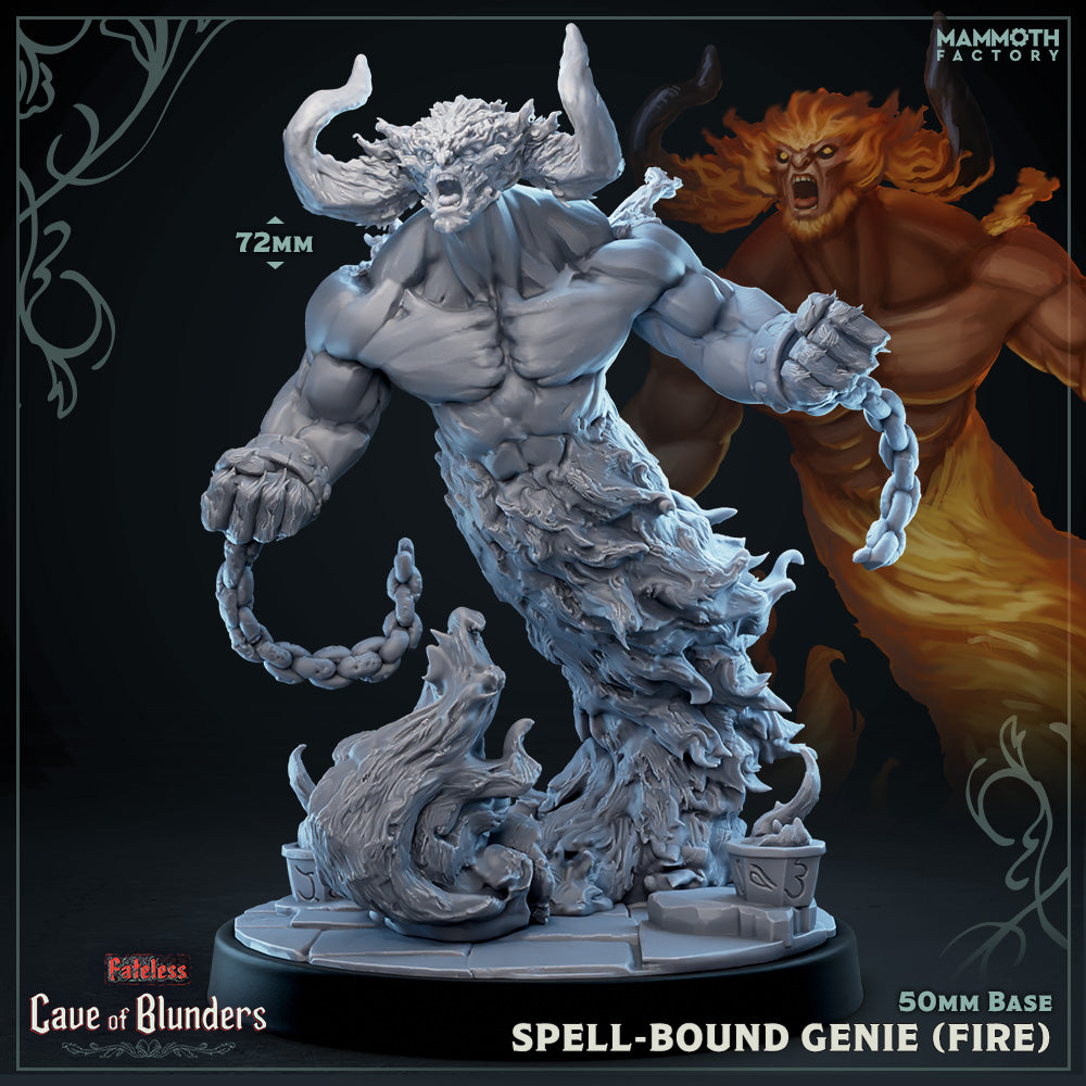 Image shows a 3D render of a fire genie gaming miniature.