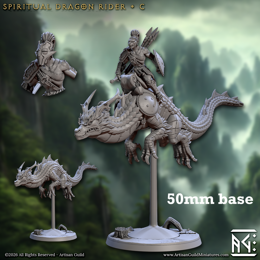Image shows 3D renders of two sculpt options for a eastern-style dragon cavalry unit gaming miniature.