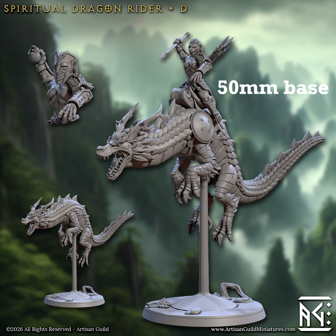 Image shows 3D renders of two sculpt options for a eastern-style dragon cavalry unit gaming miniature.