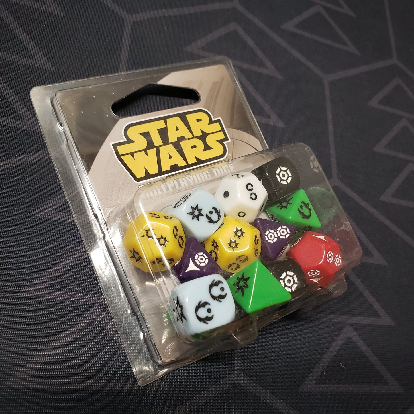 Image shows the front of the package for dice pack for the Star Wars Narrative System series of roleplaying games