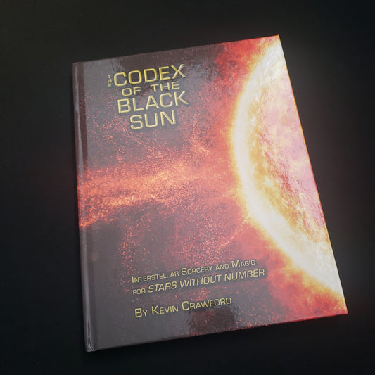 Image shows the front cover of the Lost Omens: Codex of the Black Sun book for the Stars Without Number roleplaying game