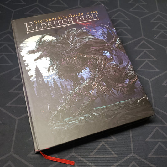 Image shows the front cover of the Steinhardt's Guide to the Eldritch Hunt (5E) roleplaying game book