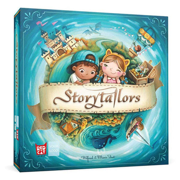 Image shows the front cover of the box for the Storytailors board game