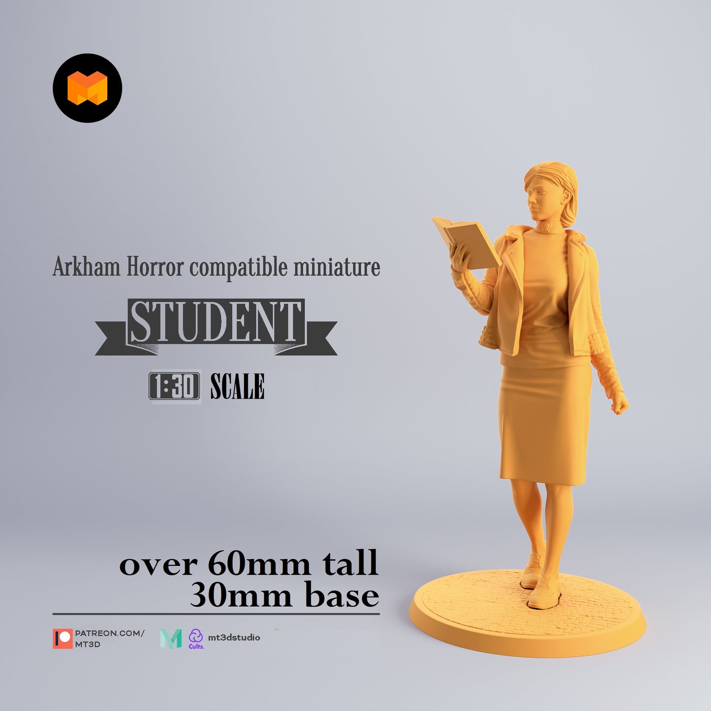 Image shows a 3D render of a student gaming miniature holding a book