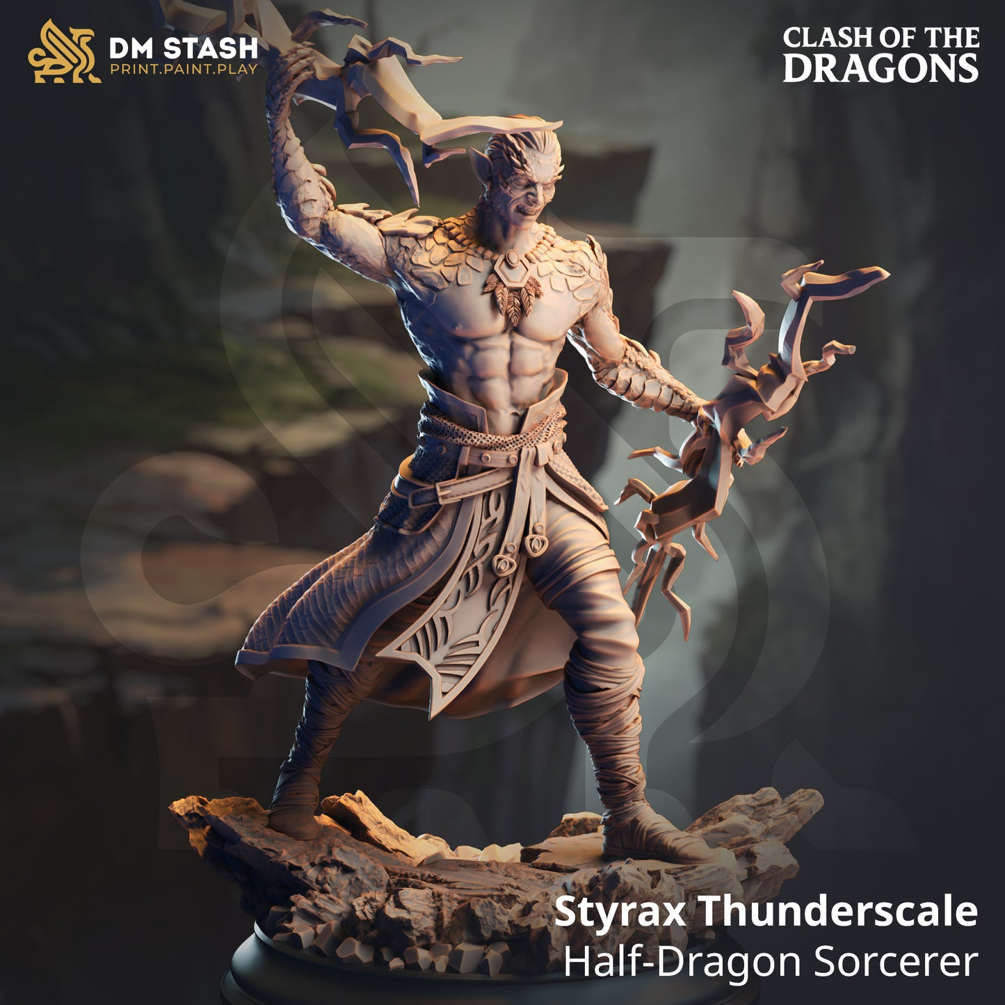 Image shows a 3D render of a half-dragonborn sorcerer gaming miniature.