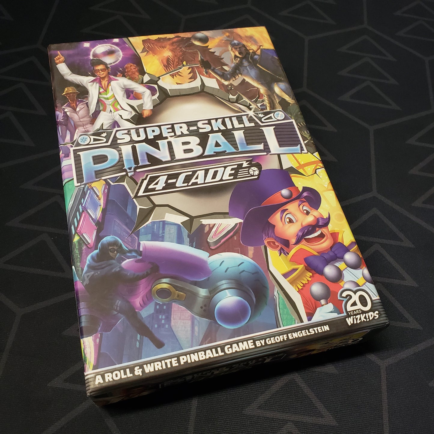Image shows the front cover of the box of the Super-Skill Pinball: 4-Cade board game