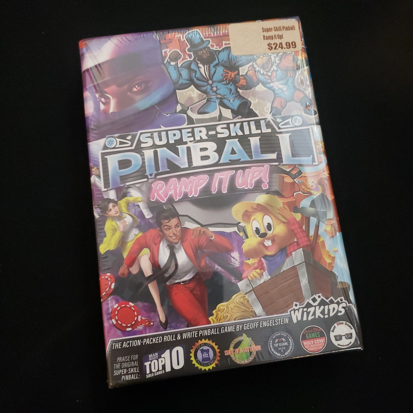 Image shows the front cover of the box of the Super-Skill Pinball: Ramp It Up! board game
