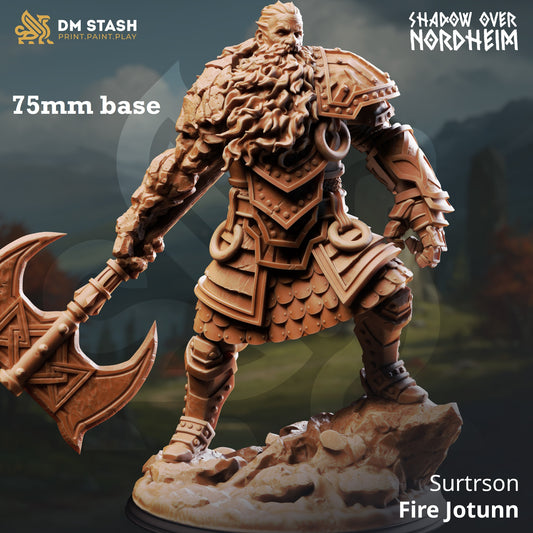 Image shows a 3D render of a fire giant gaming miniature.