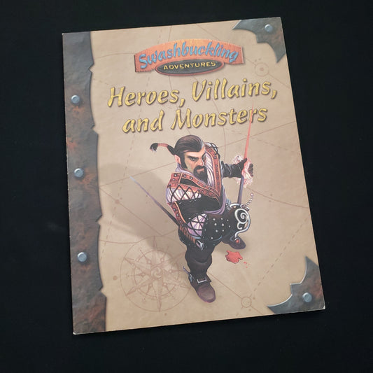 Image shows the front cover of the Heroes, Monsters and Villains book for the roleplaying game Swashbuckling Adventures
