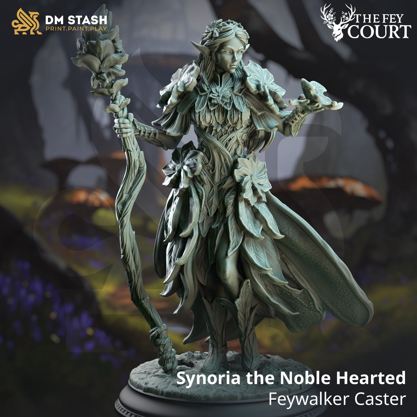 Image shows a 3D render of a elf druid gaming miniature.