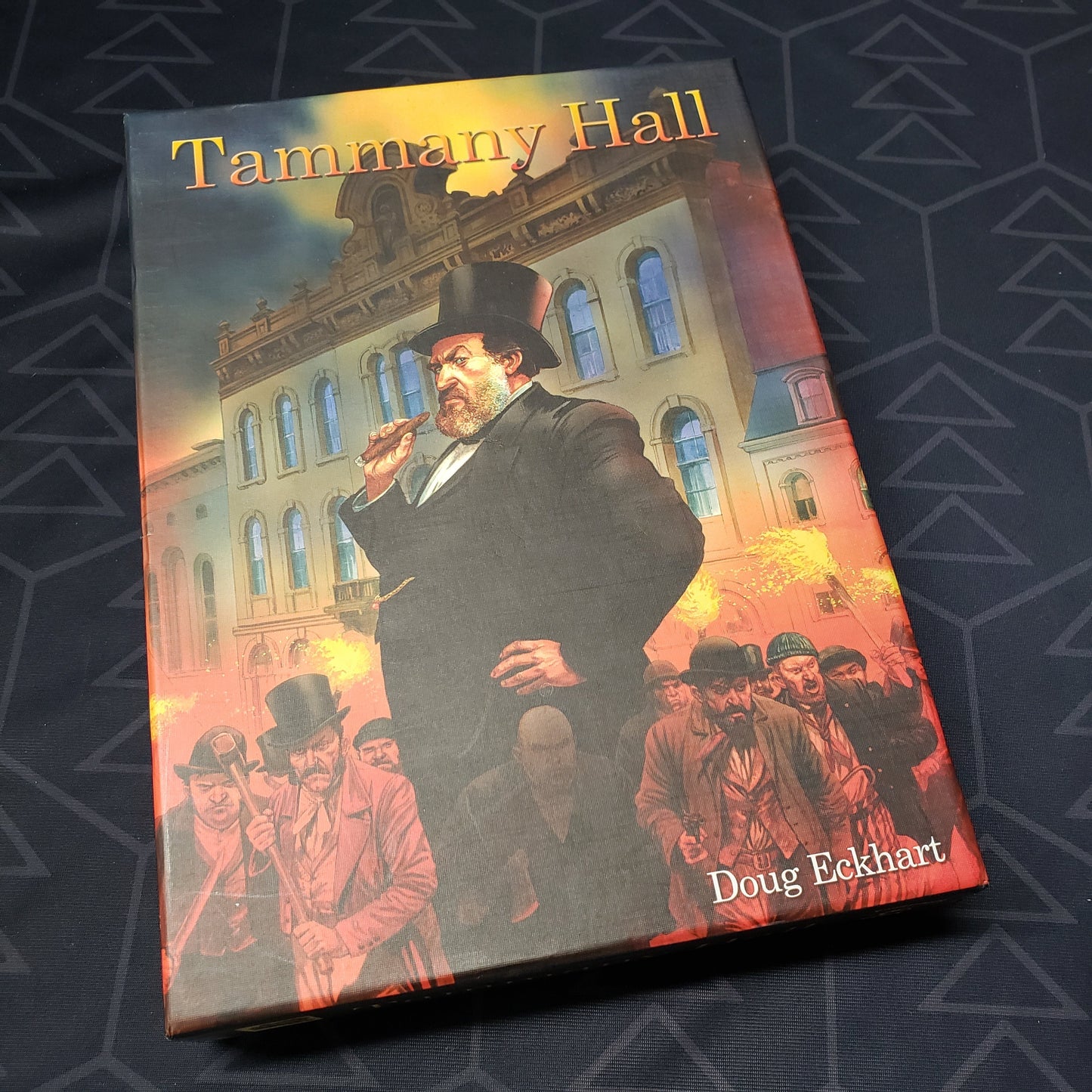 Image shows the front cover of the box of the Tammany Hall board game