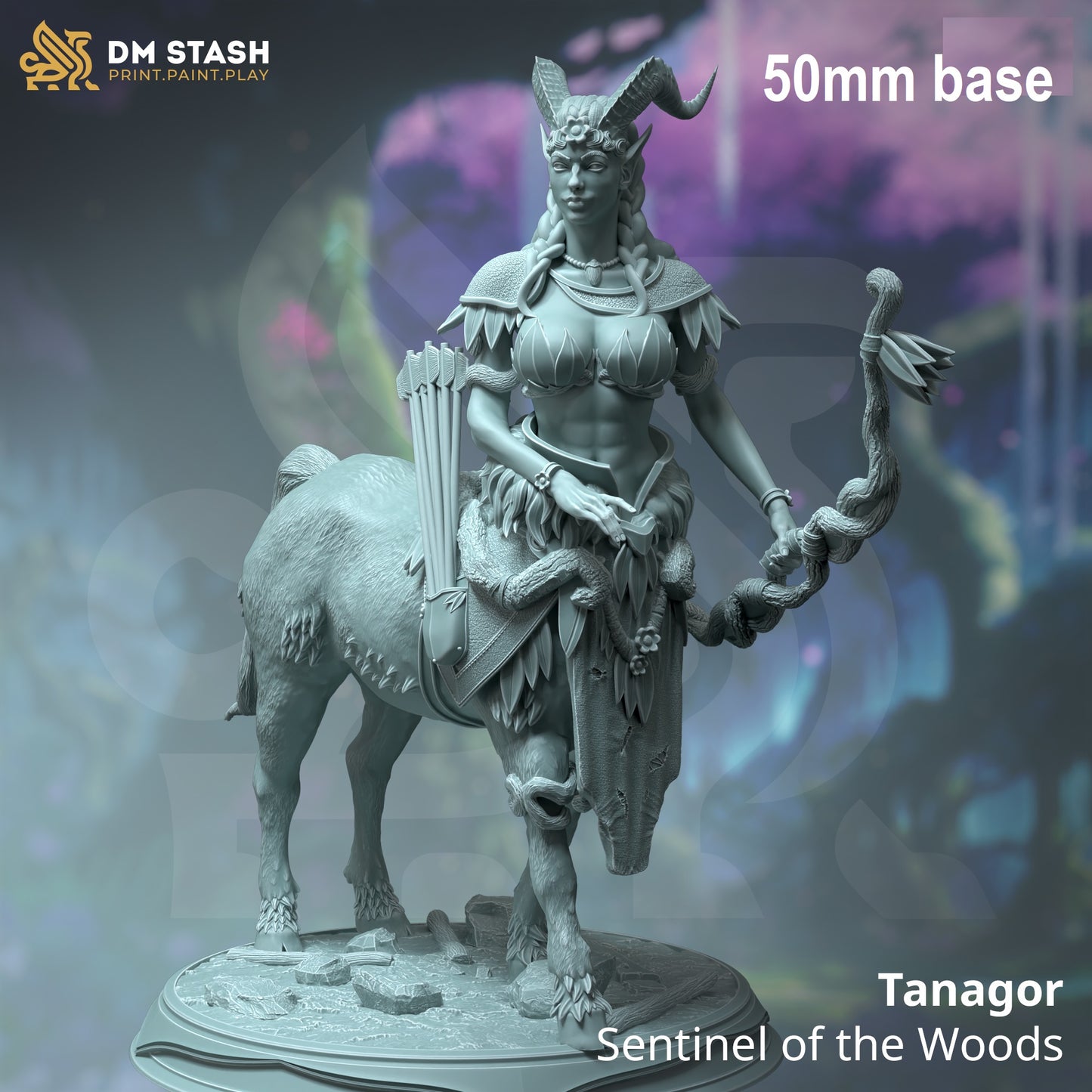 Image shows a 3D render of a dryad centaur gaming miniature holding a bow.
