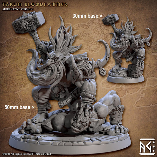 Image shows a 3D render of two options for a dwarf berserker gaming miniature, one larger base where the dwarf is pinning an orc to the ground, and one with a smaller base with just the dwarf hero