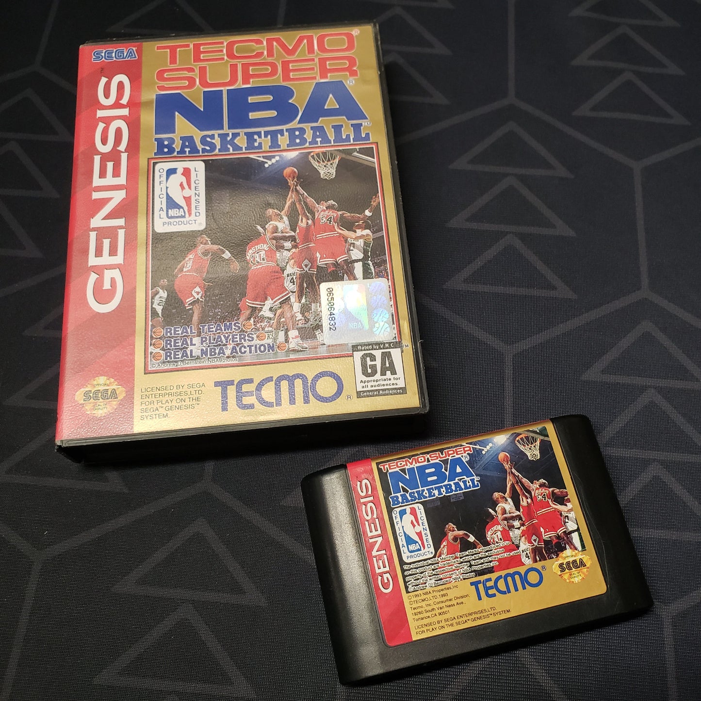 Image shows the case and cartridge for the video game Tecmo Super NBA Basketball for Sega Genesis
