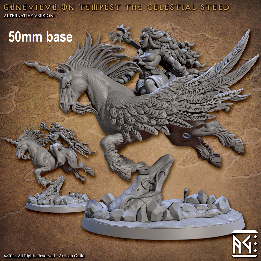 Image shows 3D renders for two different options for a mounted magical steed gaming miniature, both with a rider, one having pegasus wings and a unicorn horn and the other is just a unicorn
