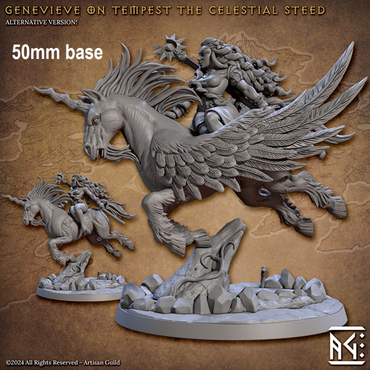 Image shows 3D renders for two different options for a mounted magical steed gaming miniature, both with a rider, one having pegasus wings and a unicorn horn and the other is just a unicorn