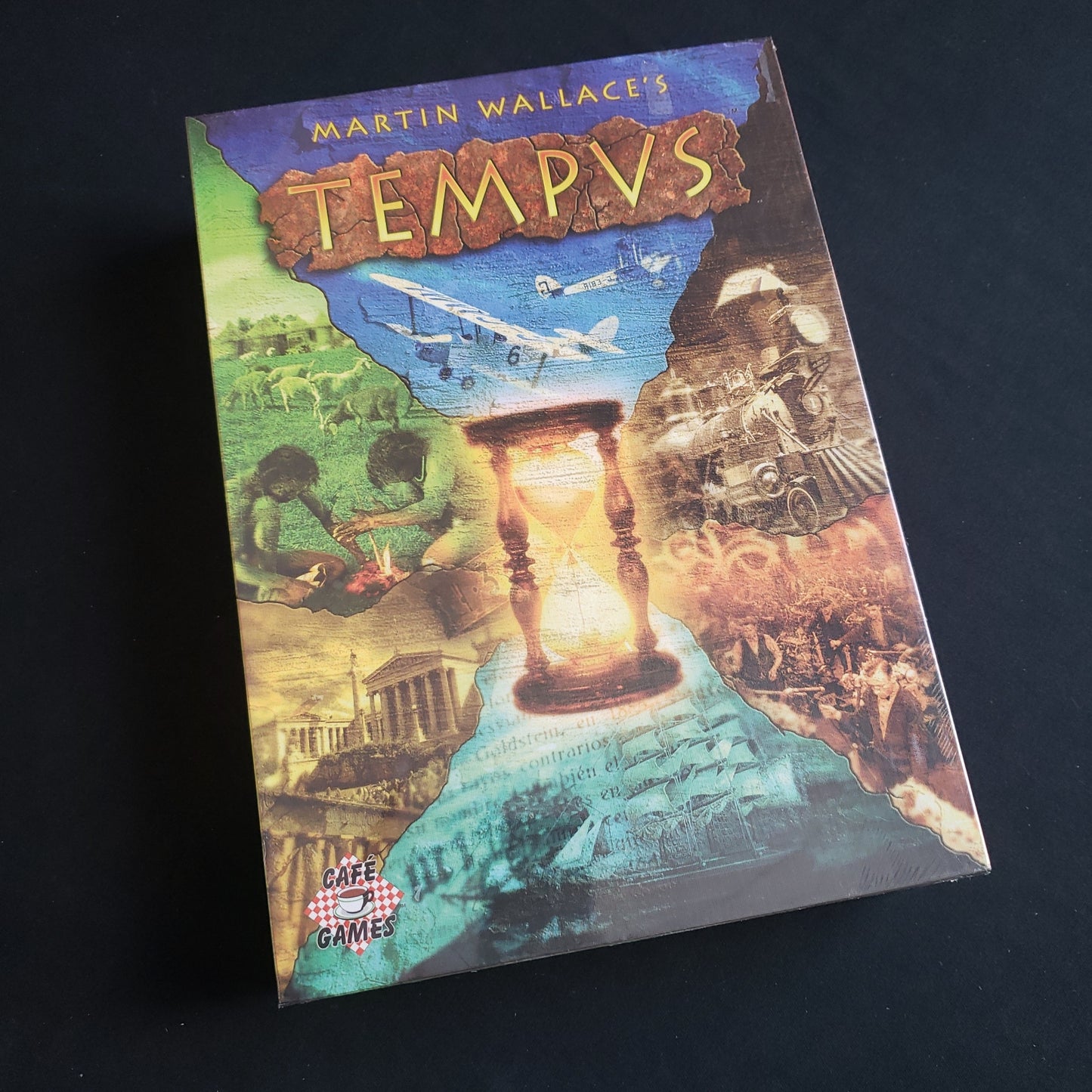 Image shows the front cover of the box of the Tempus board game