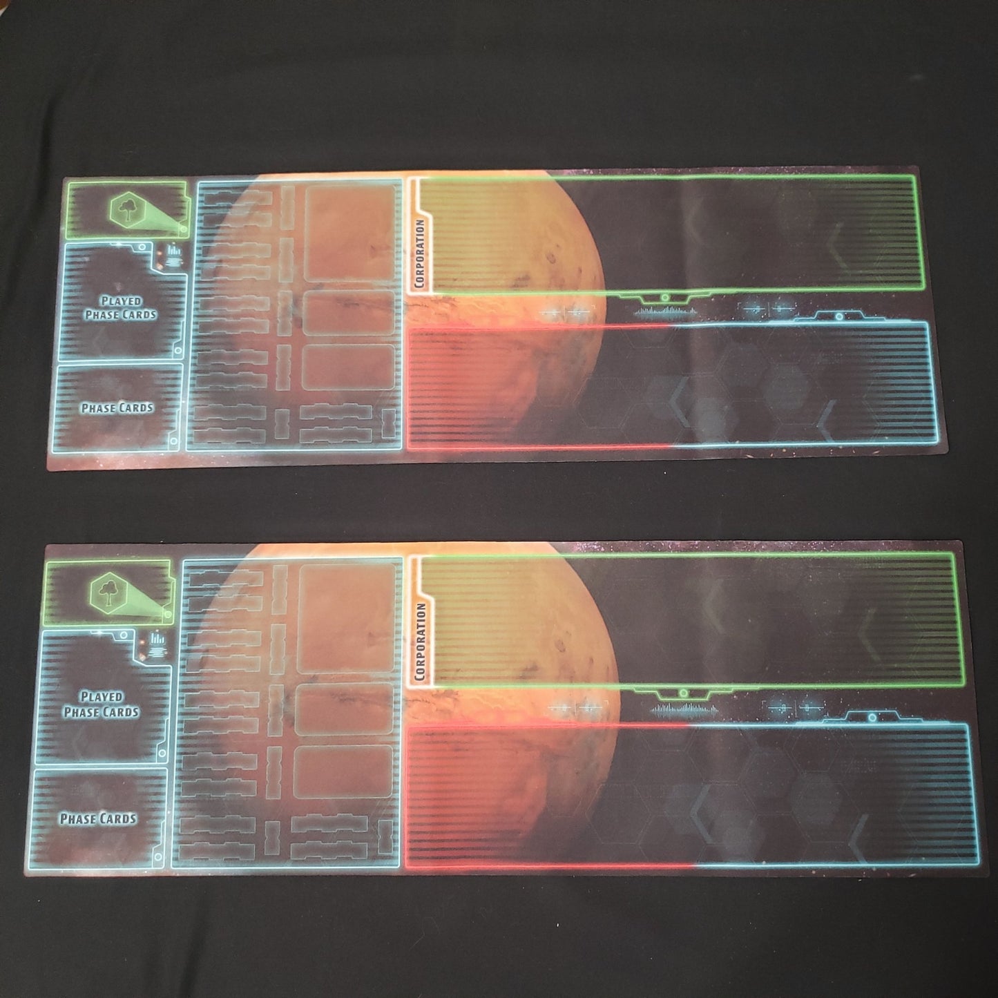 Image shows two identical playermats for the card game Terraforming Mars: Ares Expedition