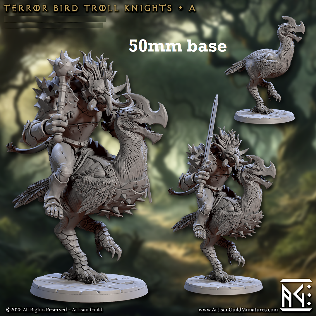 Image shows 3D renders of two sculpt options for a troll warrior riding an axebeak gaming miniature.