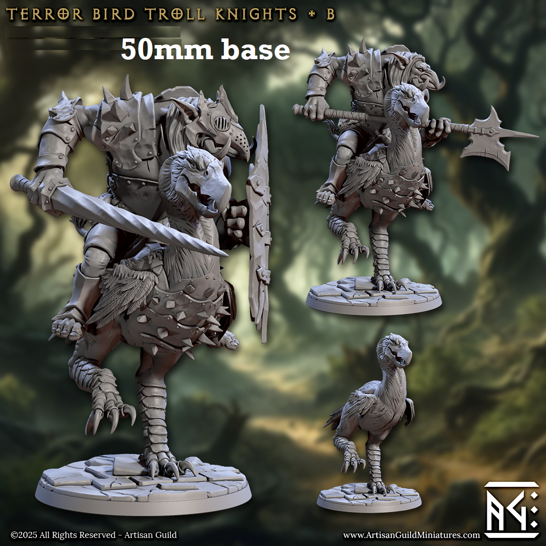 Image shows 3D renders of two sculpt options for a troll warrior riding an axebeak gaming miniature.