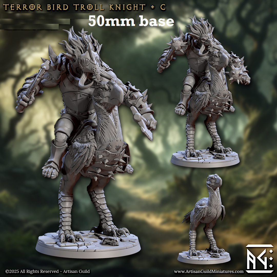 Image shows 3D renders of two sculpt options for a troll warrior riding an axebeak gaming miniature.