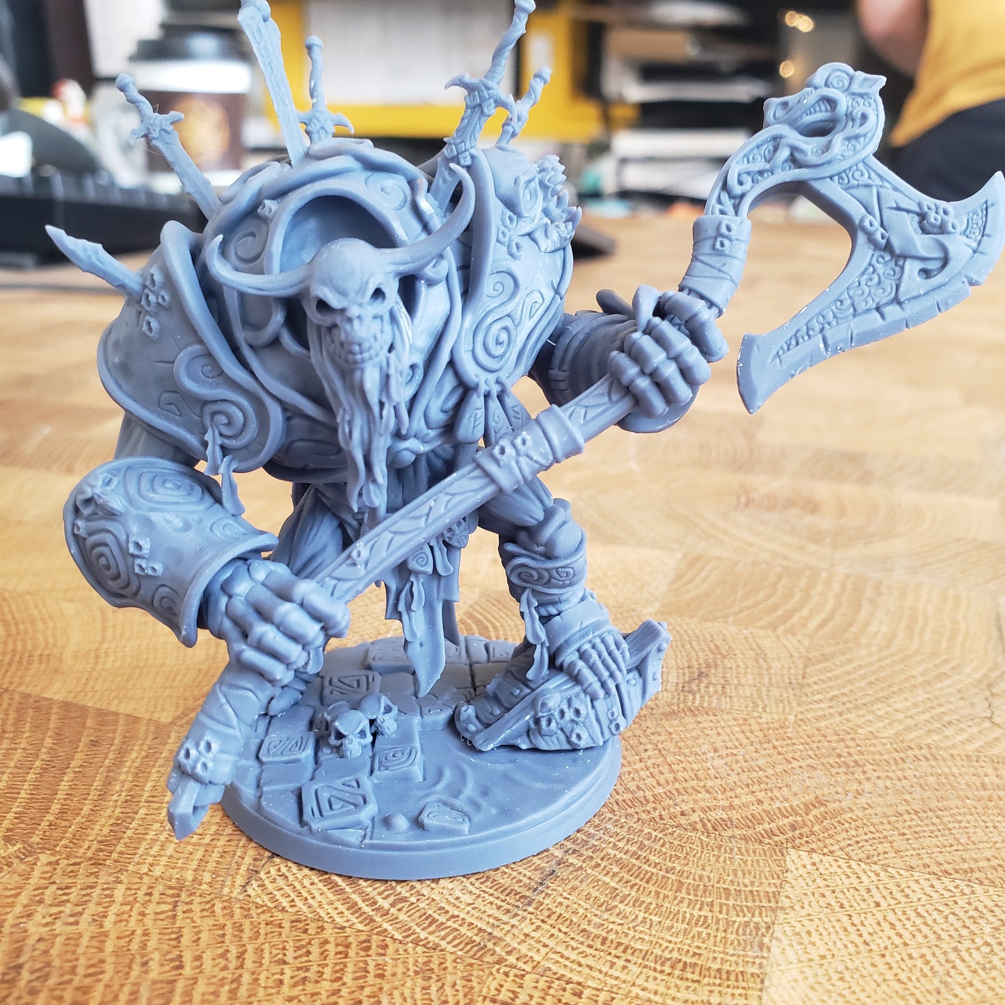 Image is a photo of a 3D printed drowned draugr skeleton hulk gaming miniature printed in-house at All Systems Go