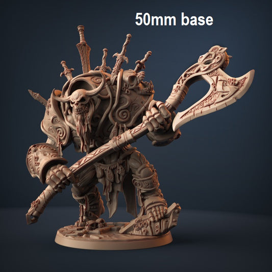 Image shows an 3D render of a draugr skeleton horror gaming miniature holding a giant axe, with many swords sticking out of his back