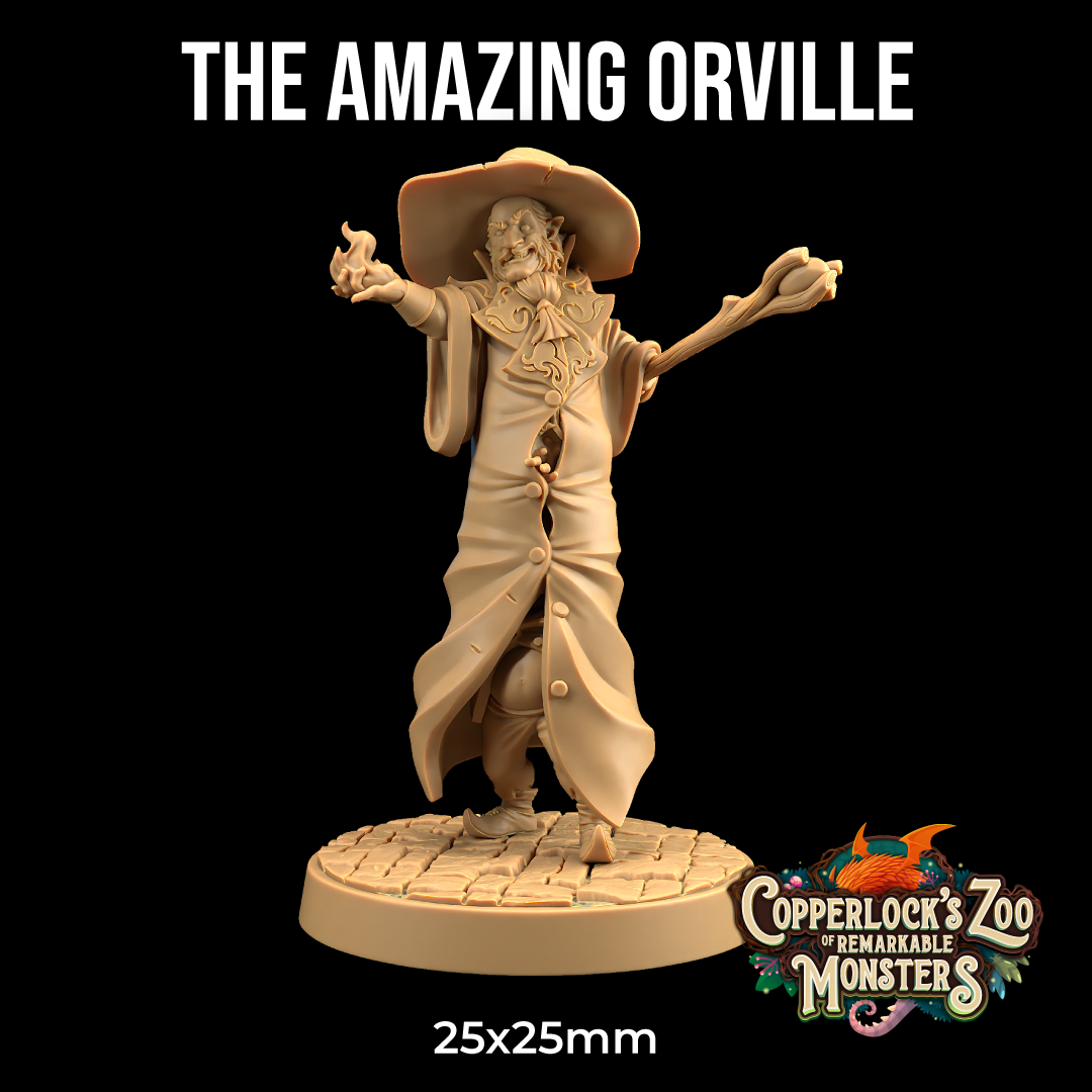 Image shows a 3D render of a gaming miniature of a wizard that is three gnomes in a trenchcoat